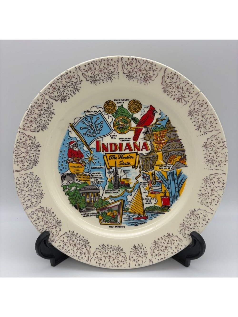 Vintage Indiana The Hoosier State Souvenir Plate 9.25 Inch Travel Landmark Decor